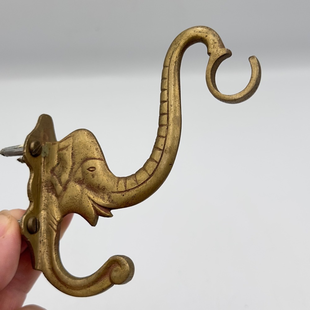 Vintage Solid Brass Elephant Head Wall Hook Made in India Trunk Up Double Hook